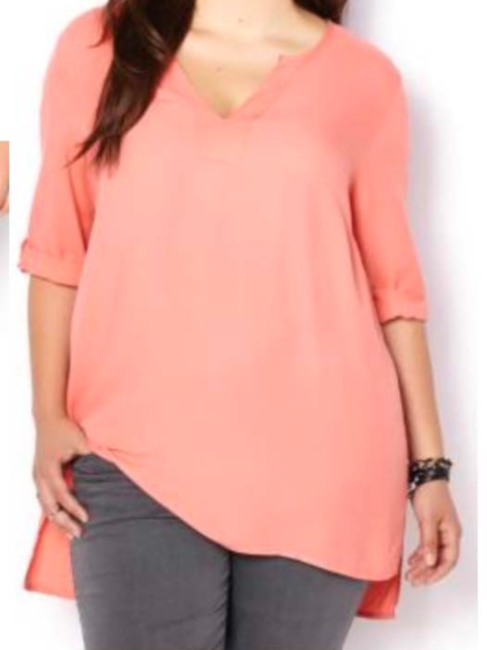TUNIC, SALMON PINK, SIZE 4X, VEE NECK, SIDE SLITS, HI-LOW HEM, DARTS, ¾ SLEEVES